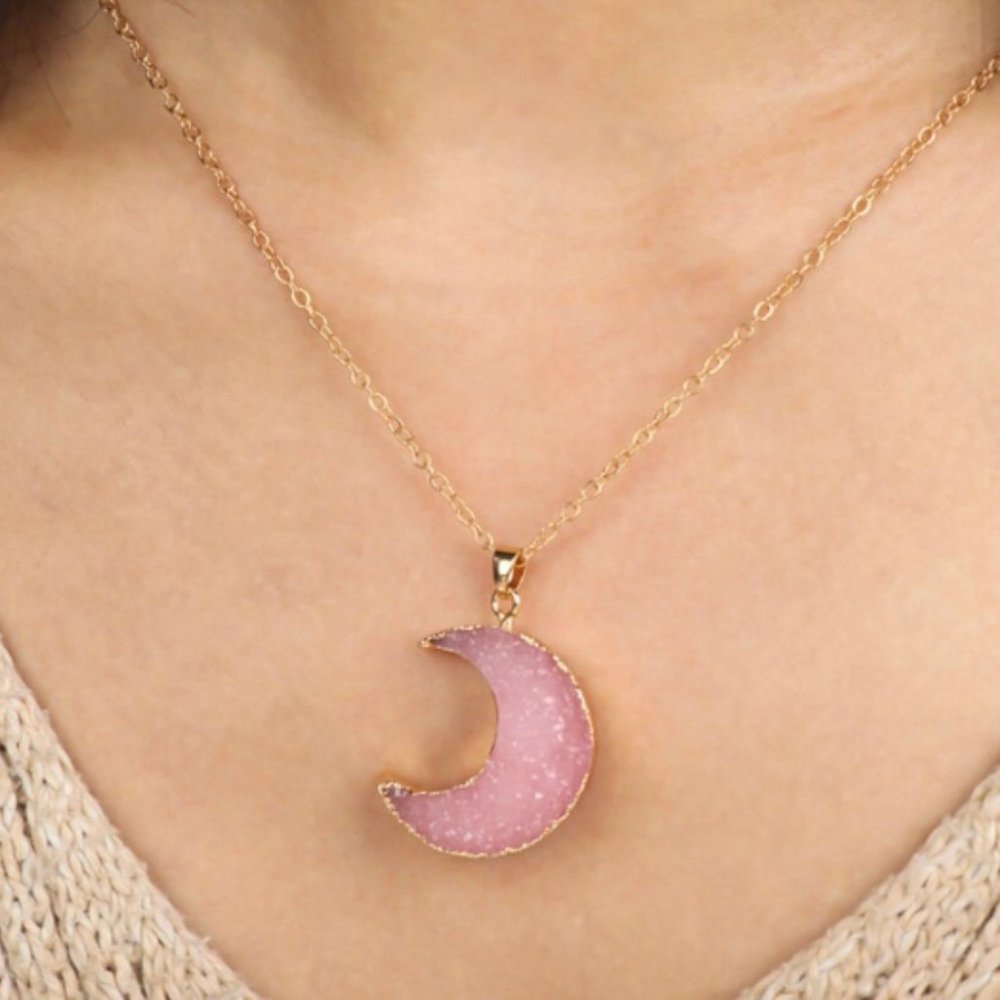 Crystal Moon Stone Pendant Gold Chain Necklace Jewelry